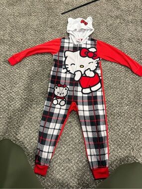 Hello Kitty Red Black White Plaid Kids One-Piece Footie with Hood